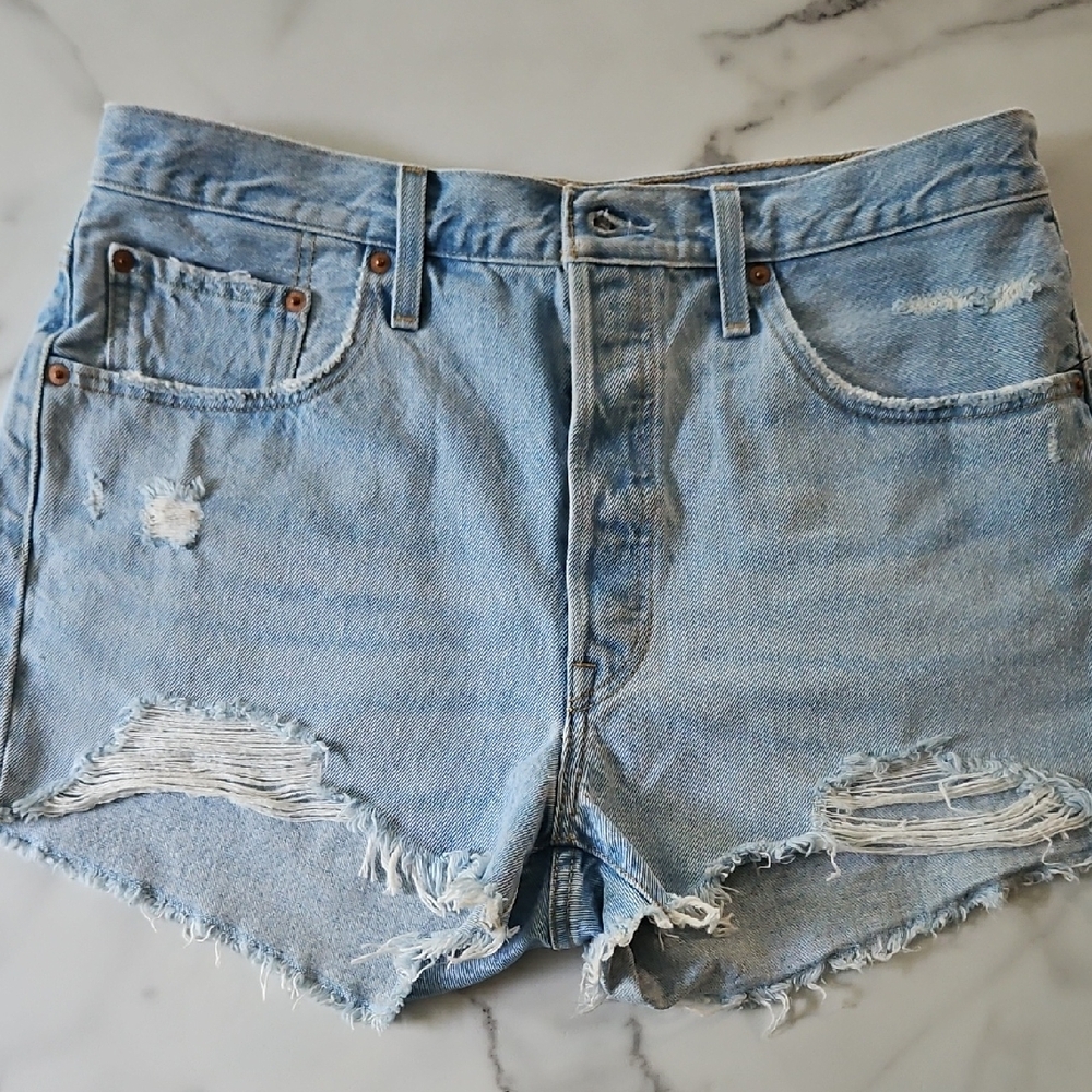 Levi's Blue High-Waisted Distressed Jean Shorts